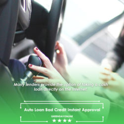 A woman sitting in a car holding a cell phone from auto loan bad credit instant approval