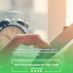 A person holding a smartphone looking for best personal loans for fair credit online, with a clock in the background
