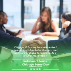 Two men shaking hands in front of a group of sitting people discussing installment loans Chicago same day