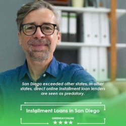 A man with glasses sitting in front of a book shelf of installment loans papers in San Diego