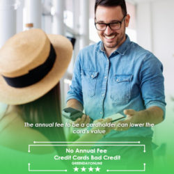 A man standing next to another man in a hat explaining no annual fee credit cards bad credit