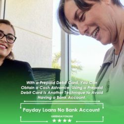 Two people talking about payday loans and signing documents with no bank account