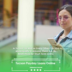 A woman in a blue shirt and glasses searching for a Tucson payday loan using her tablet