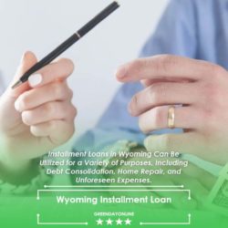 A woman holding a pen and a stack of money from Wyoming fast cash installment loan