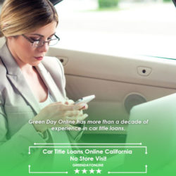 Woman wearing formal attire inside her car using her phone and laptop to browse car title loans online California no store visit