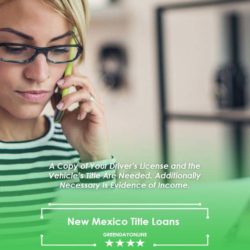 A woman wearing glasses applying for a New Mexico title loan via a cell phone