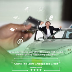Happy couple inside a gray car with a hand at back holding a card for online title loans Chicago bad credit