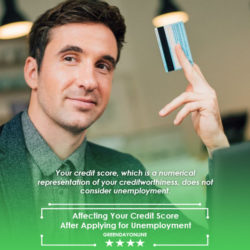 A man holding up a credit card in front of a laptop reading how credit score is affected after applying to unemployment