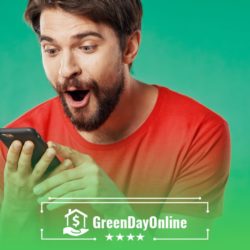 A man with a surprised look on his face looking at a cell phone after quickly applying for a payday loan online and getting instant approval