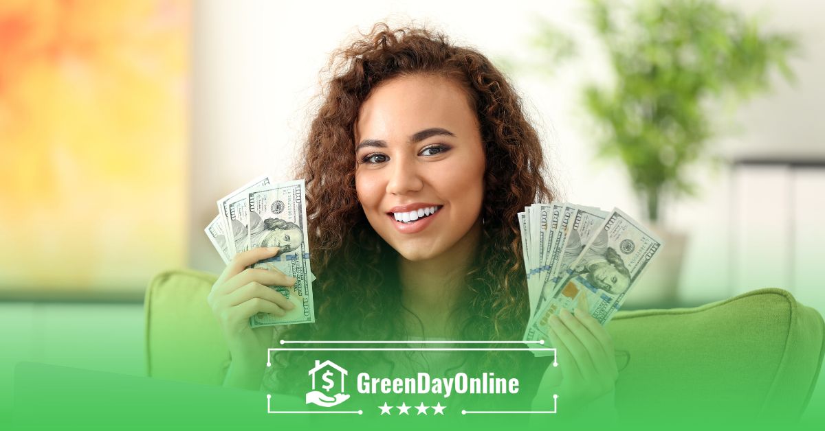 A woman sitting on a couch holding a bunch of money wondering how to apply for a personal loan